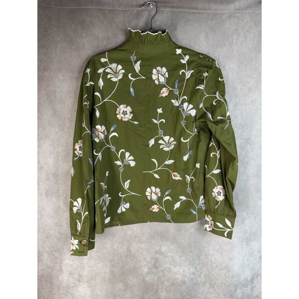 Sezane Coline Embroidered Flowers On Khaki Green Background Blouse Size 36 US 4 - Picture 5 of 9